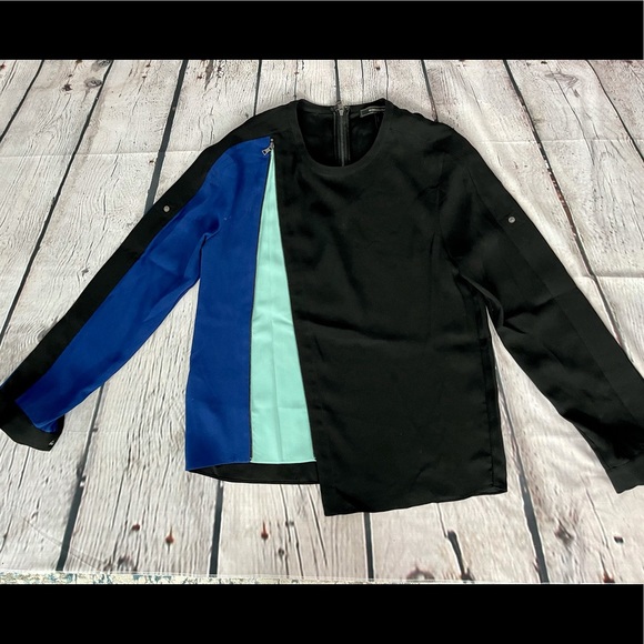 BCBGMAXAZRIA Versatile Blue-Aqua-Black Zip Blouse - Picture 9 of 11